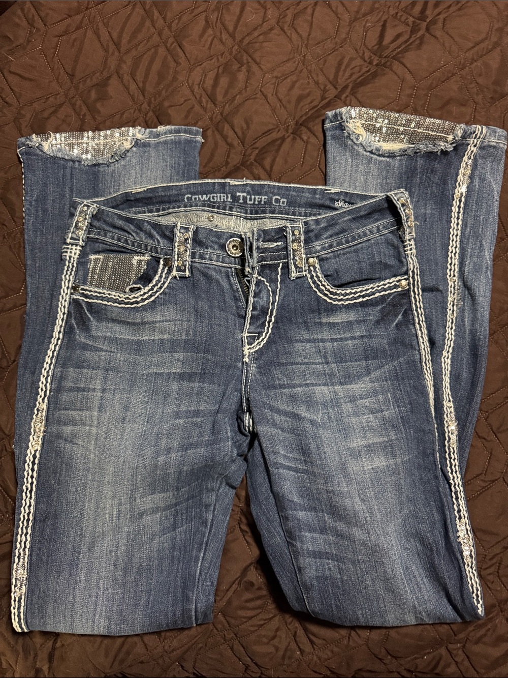 Cowgirl Tuff Women's Blue Bootcut Jeans with White Contrast Stitching